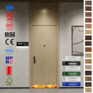 Close-up of a fire rated door with reinforced materials, providing a secure barrier against fire hazards.