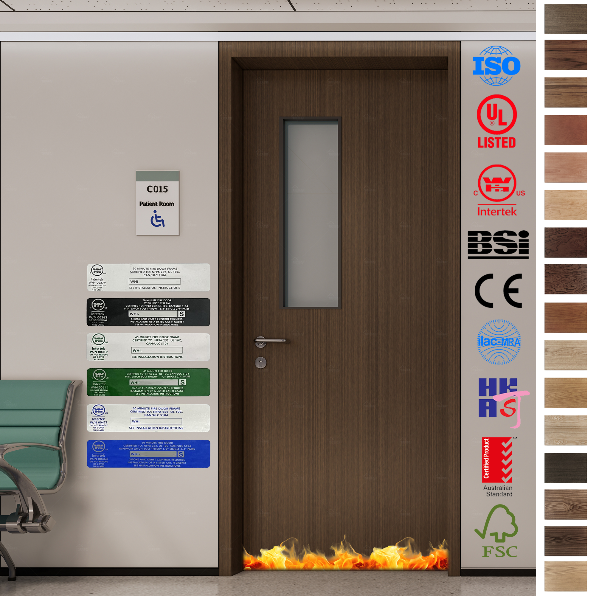 Fire Rated Door specialists: China’s top factory provides UK EN listed 30/60/90-minute wood doors, ideal for hospital patient rooms.