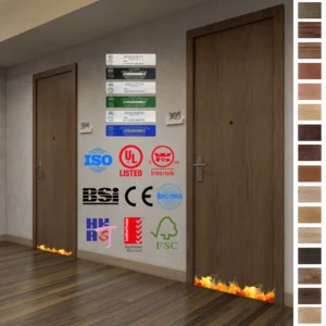 Flush oak solid wood design ensures fireproof safety and adds a sleek, modern touch.