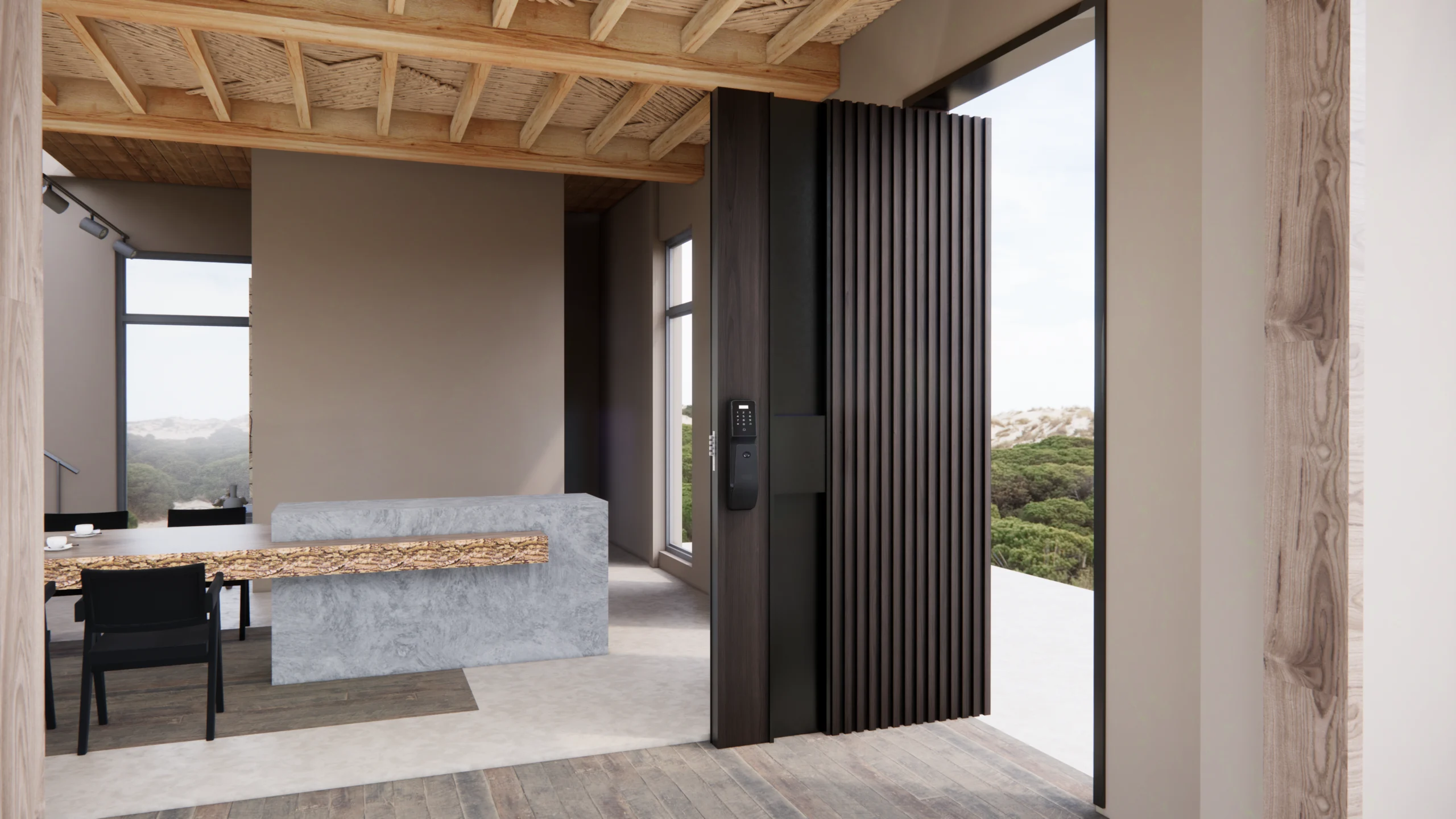 Contemporary Exterior Door with glass panels, adding elegance to your entrance.