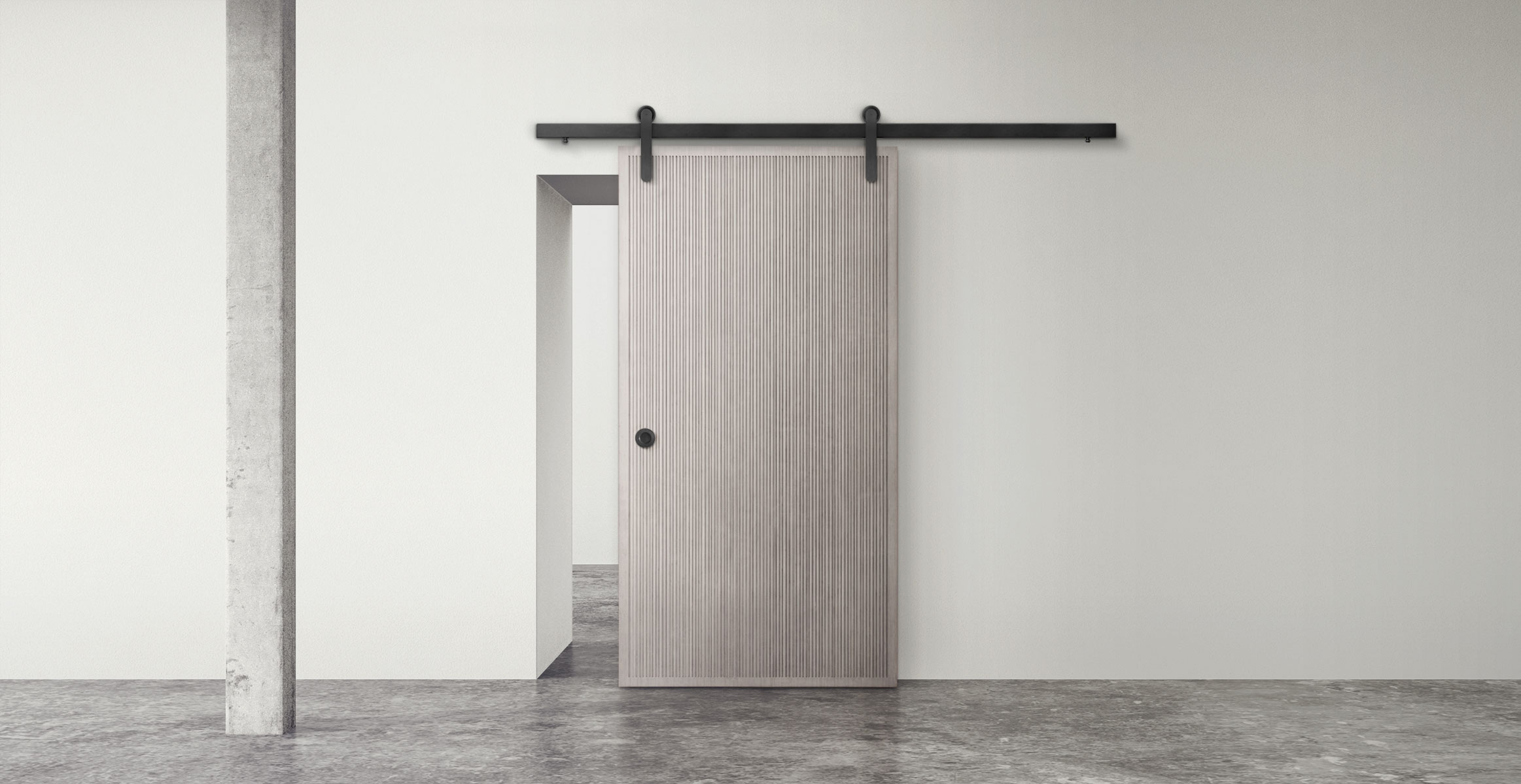 A barn door with frosted glass panels and a metal frame, blending functionality and style in a modern interior.