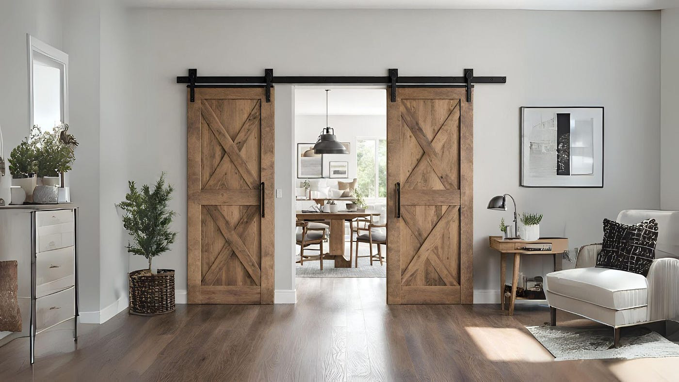 A sliding wooden barn door with a weathered finish, adding a rustic charm to a modern farmhouse-style living room.