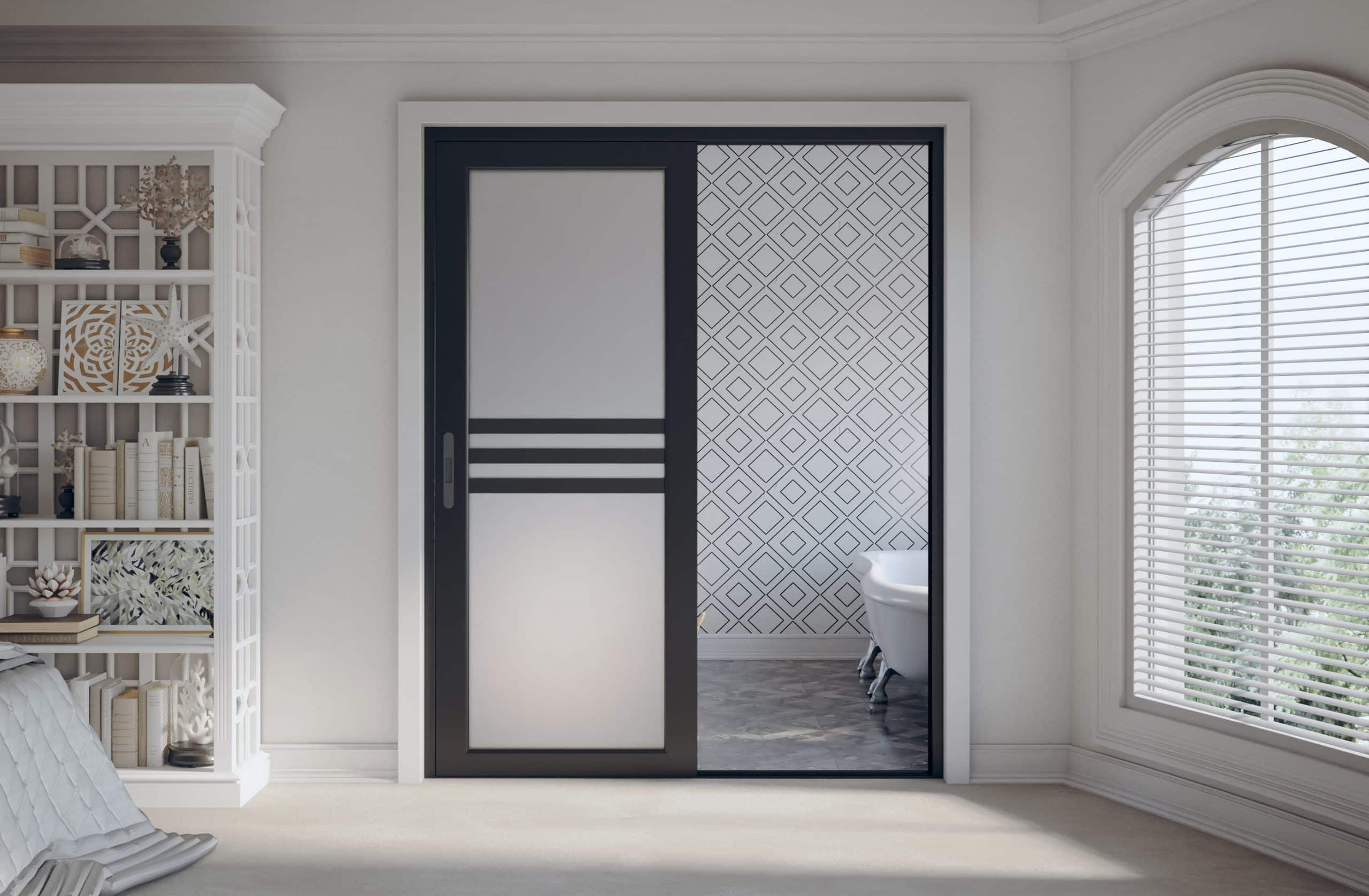 Elegant frosted glass bathroom door adding privacy and sophistication.