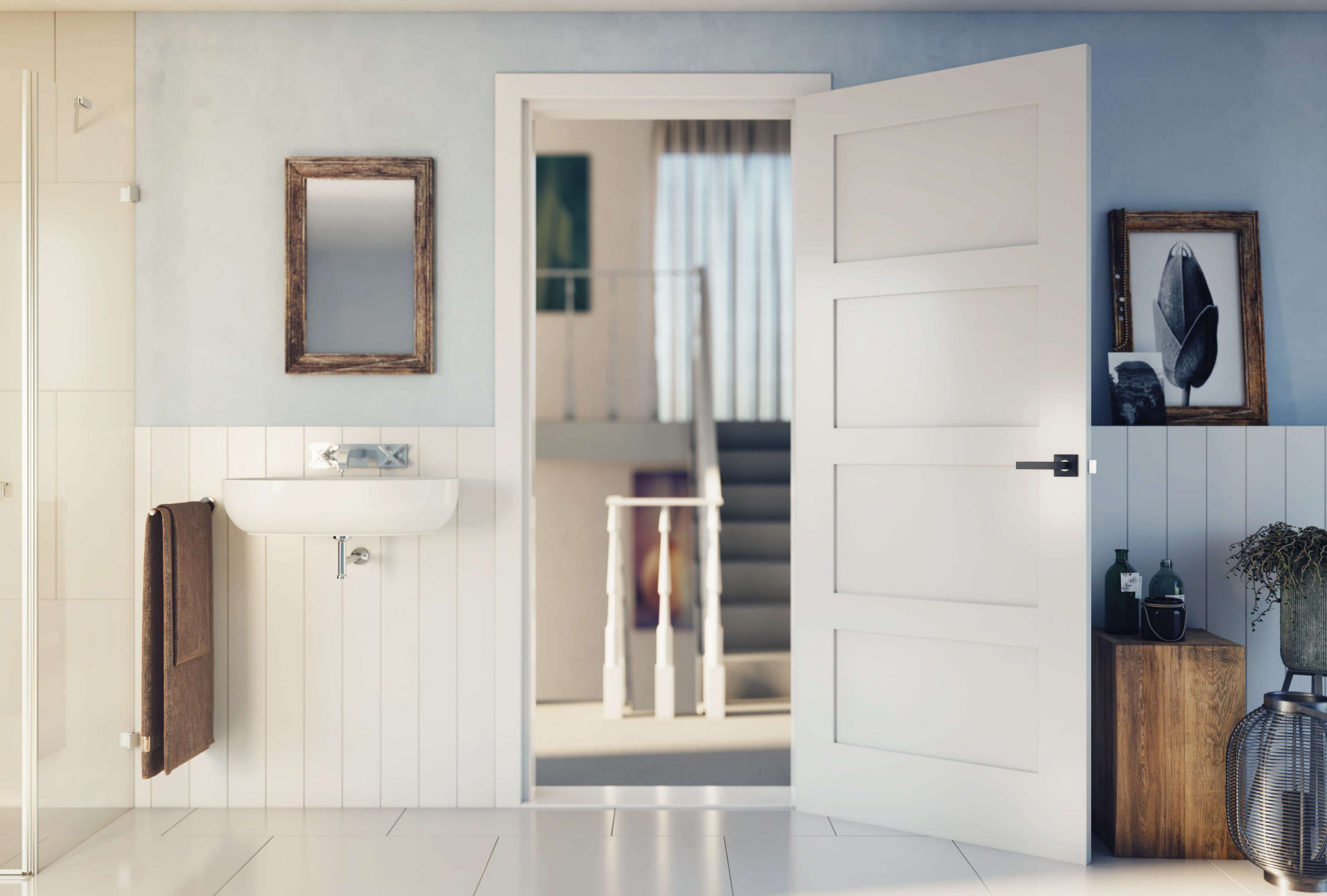 Stylish wooden bathroom door featuring frosted glass insert for added privacy and light.