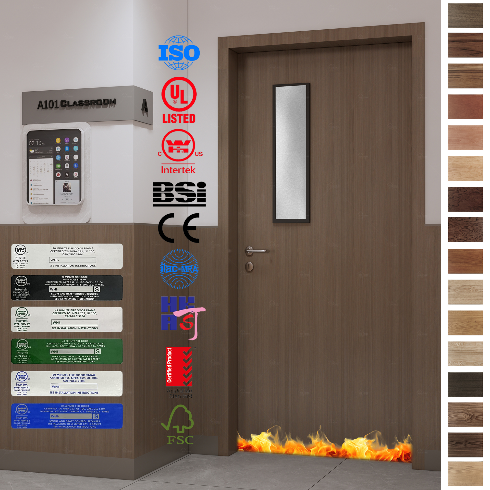Buy Fire Rated Door for school classrooms. Custom MDF design with UL WH Listing for fire prevention.
