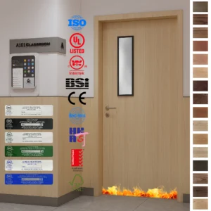 Custom wood doors with modern design, high quality, and certified fire safety.