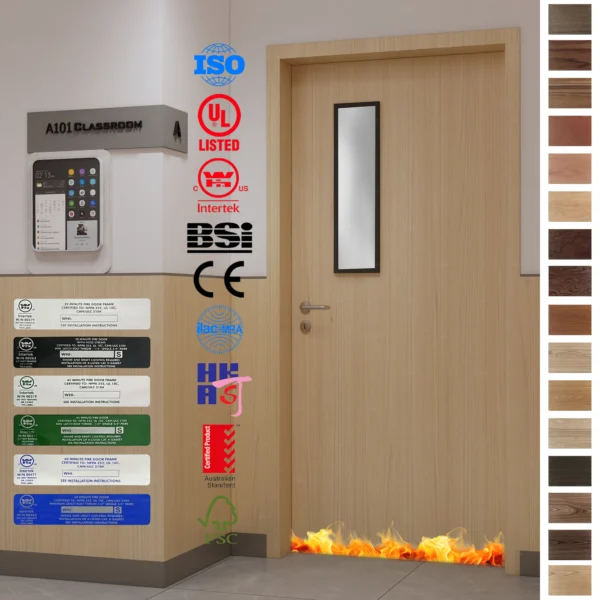 Custom wood doors with modern design, high quality, and certified fire safety.
