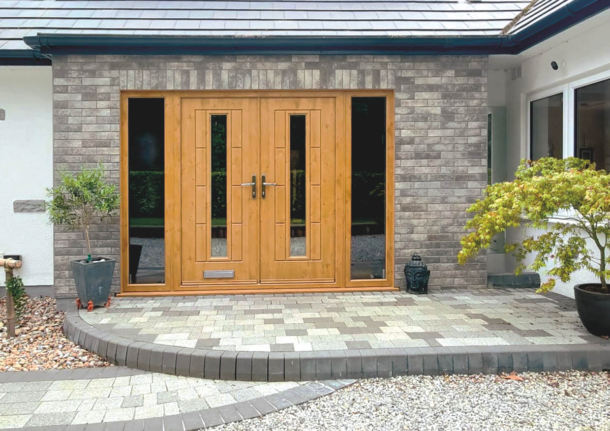 Stylish and secure double doors in a luxurious home entrance.