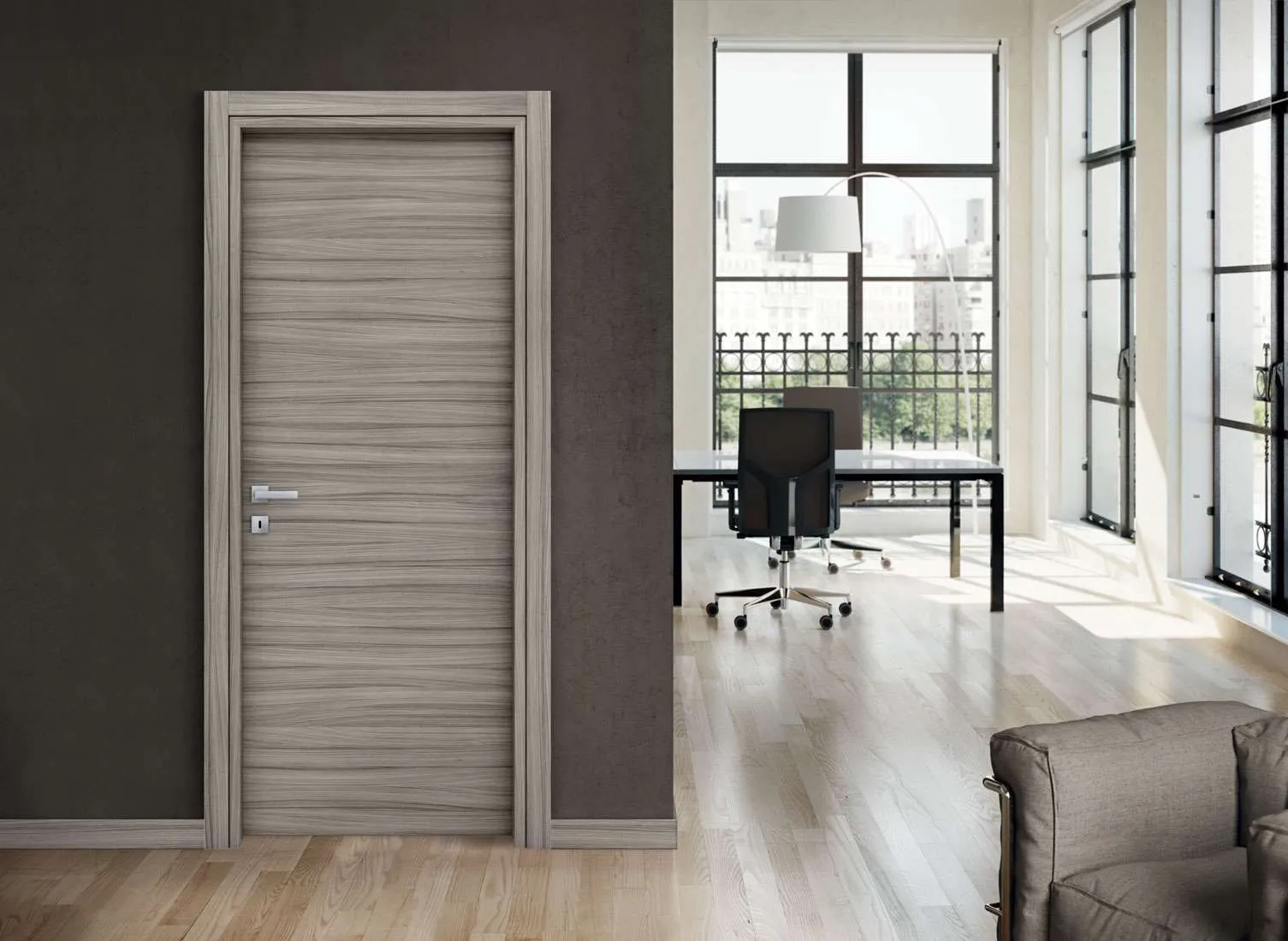 Elegant lacquered door with a glossy finish reflecting natural light in a contemporary living space.