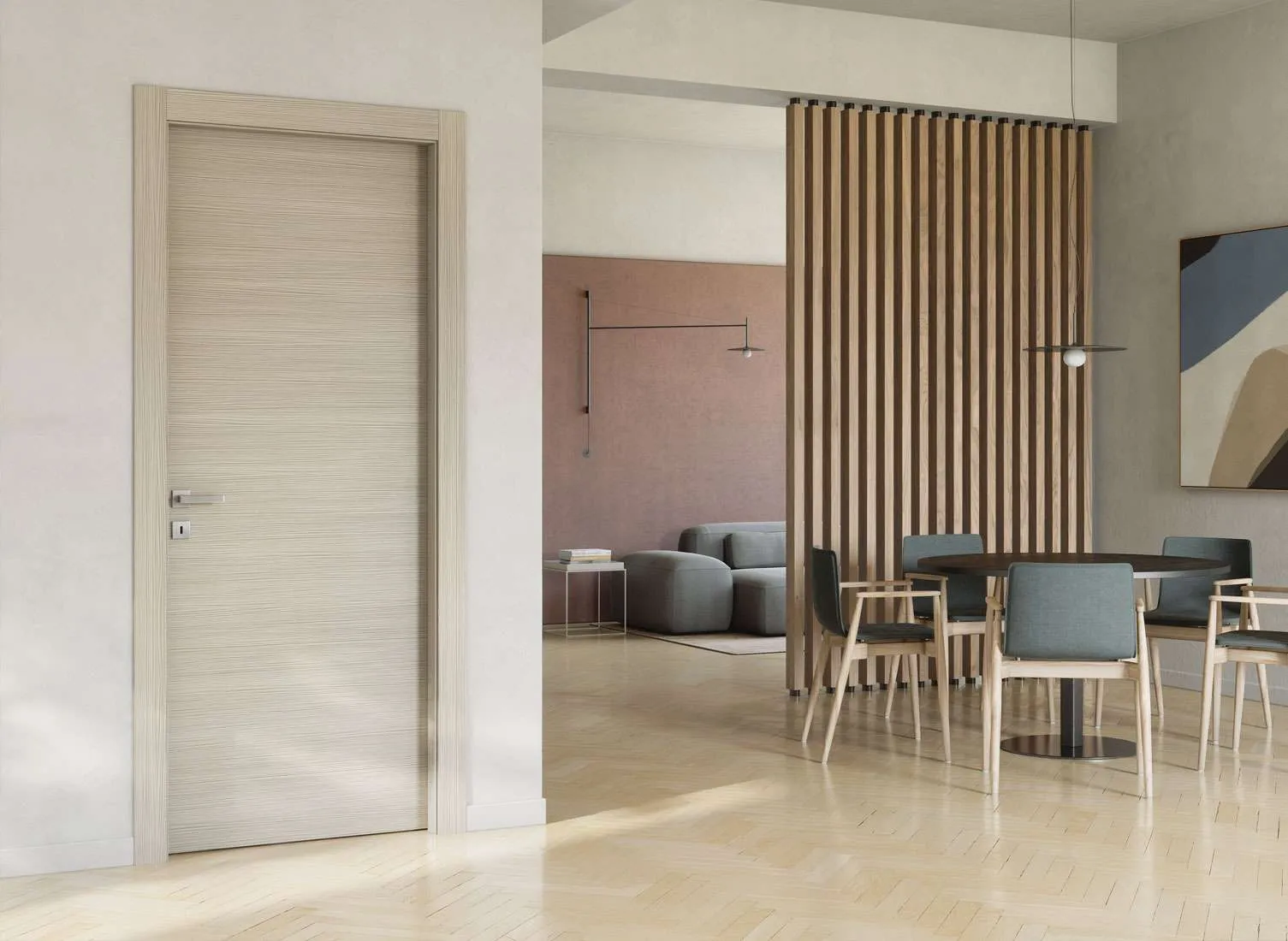 Modern minimalist interior with a sleek white lacquered door, creating a stylish and seamless room transition.