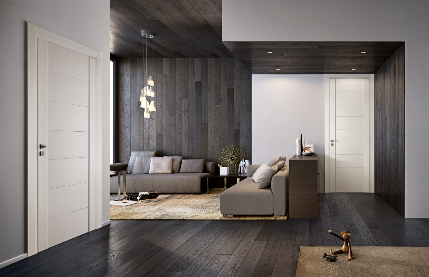 Stylish lacquered double doors framing a spacious and airy living room entrance.