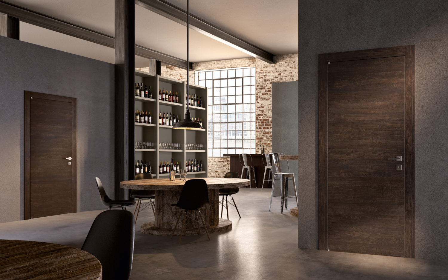 High-gloss lacquered door enhancing the visual appeal of a modern home office space.