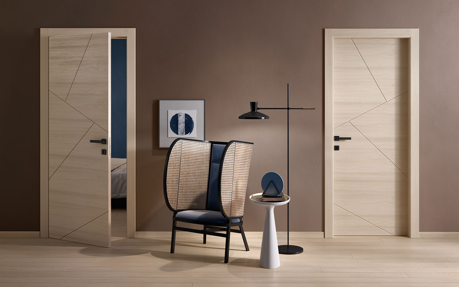 Lacquered door with subtle panel detailing, adding sophistication to a minimalist bedroom entrance.