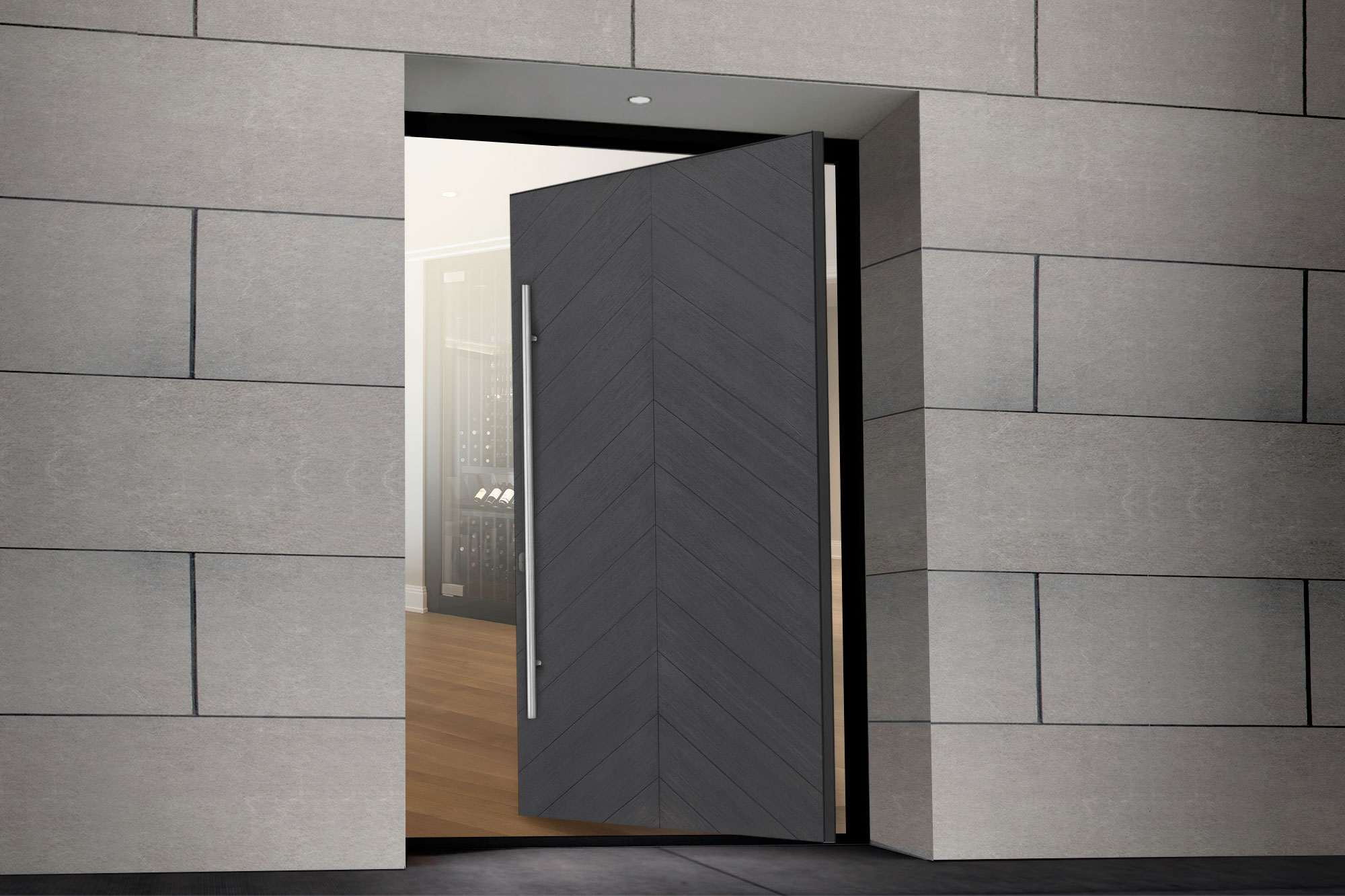 Open pivot door showcasing its smooth rotation mechanism and innovative design for easy access.