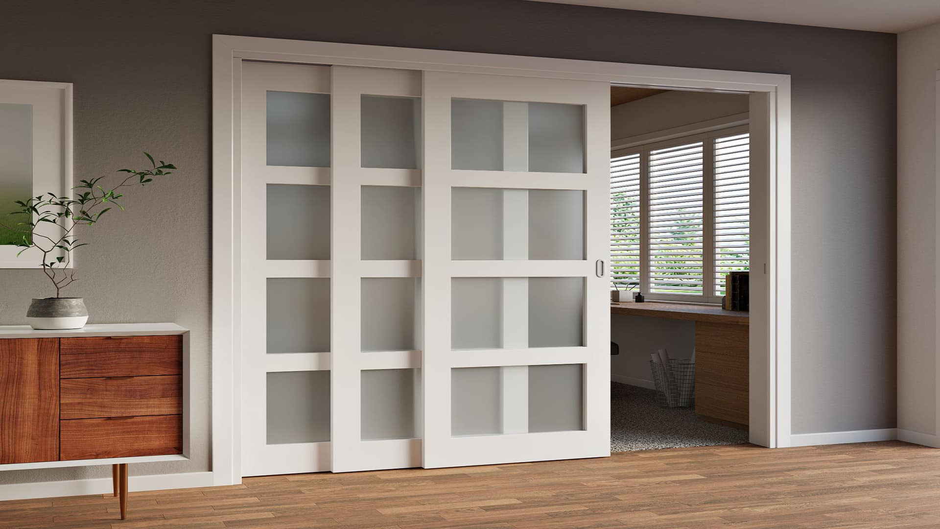 Energy-efficient sliding door system with low-e glass for enhanced thermal insulation and comfort.