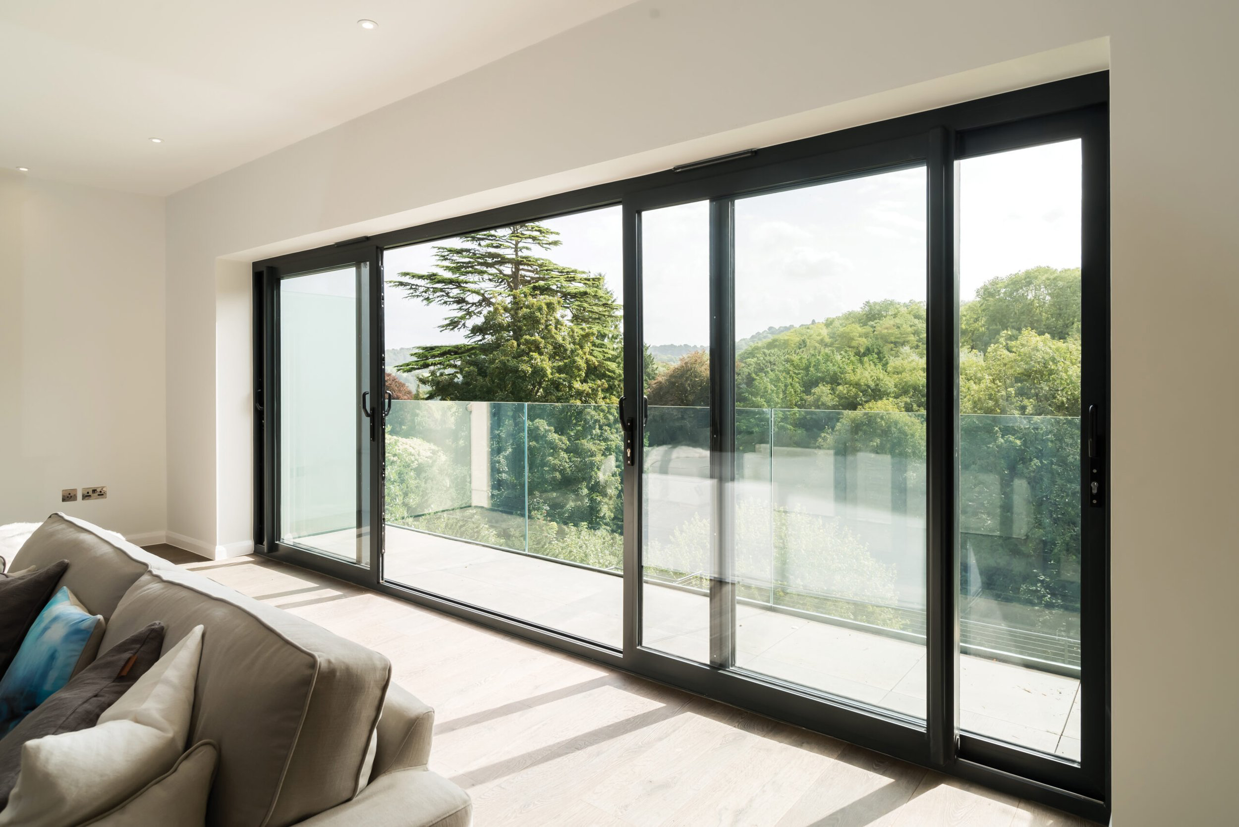 Stylish wooden sliding door designed to blend seamlessly with a rustic interior design.