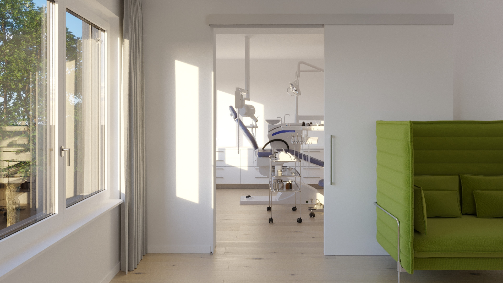 Modern sliding door with sleek glass panels, enhancing the contemporary aesthetic of a living room.