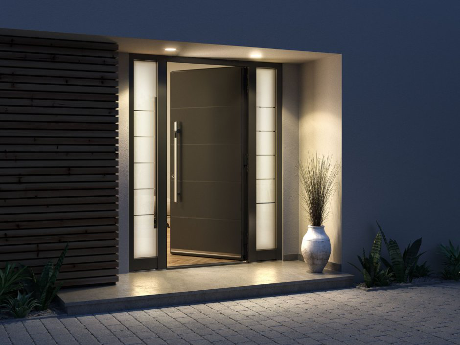 Durable cast aluminum door in a matte black finish, providing weather resistance and timeless curb appeal.