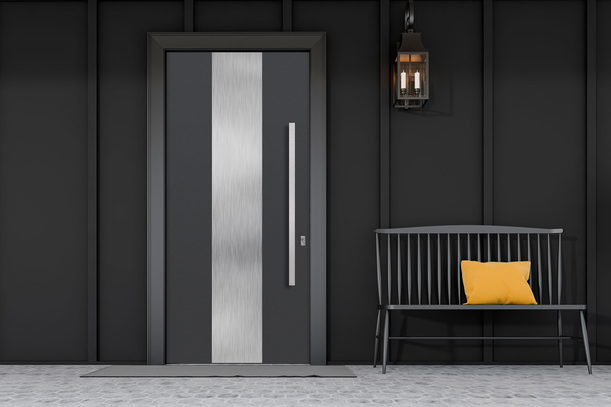 Beautiful cast aluminum door with frosted glass inserts, combining privacy with natural light for a stylish entryway.