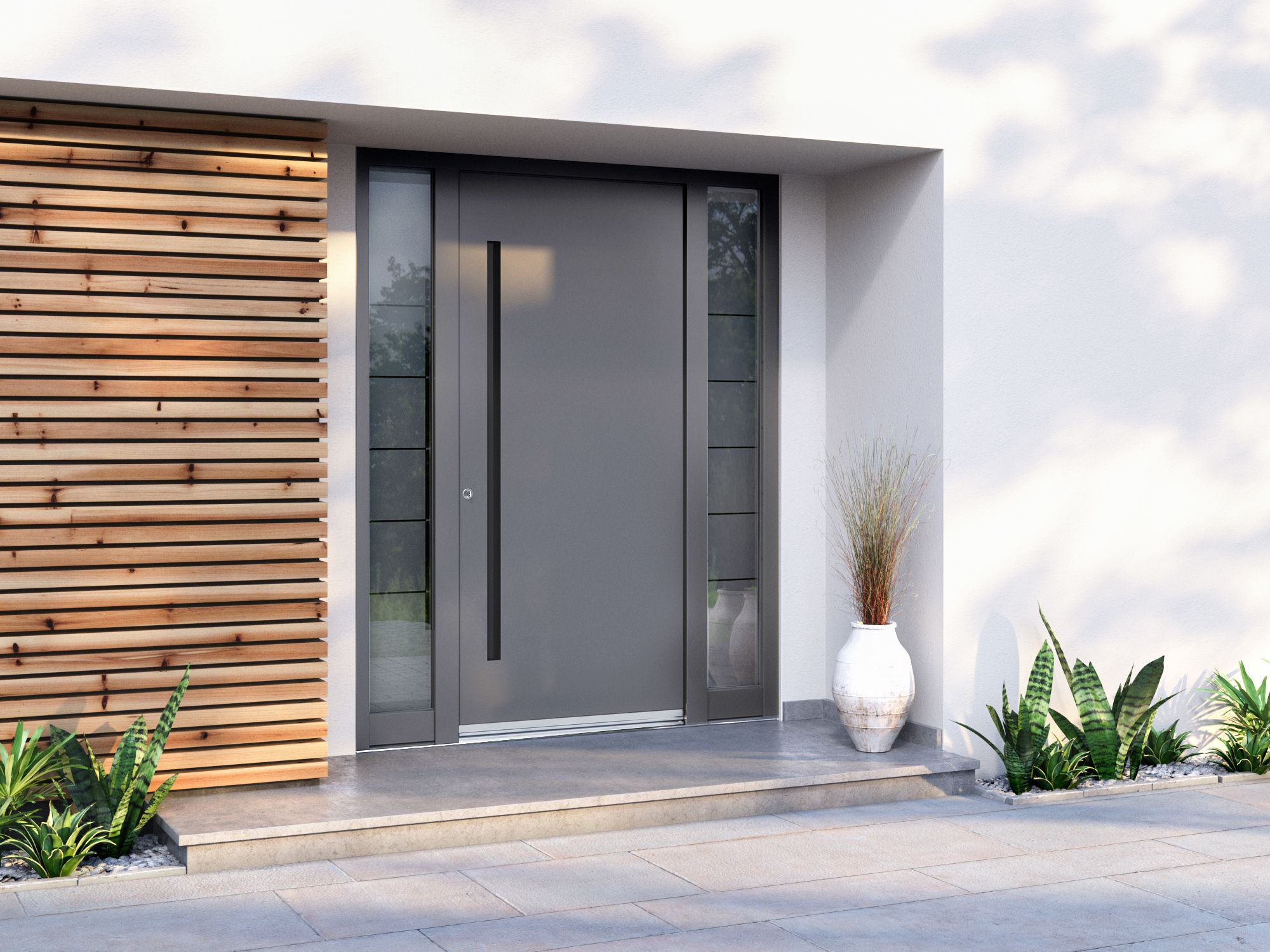 Close-up of a cast aluminum door handle and locking system, highlighting premium quality and security features.