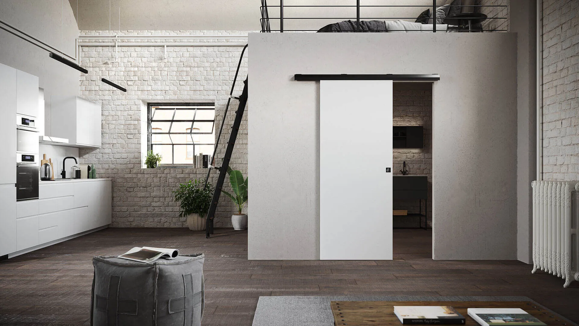 Space-saving black-framed sliding door adds a sleek and stylish touch to any home decor.
