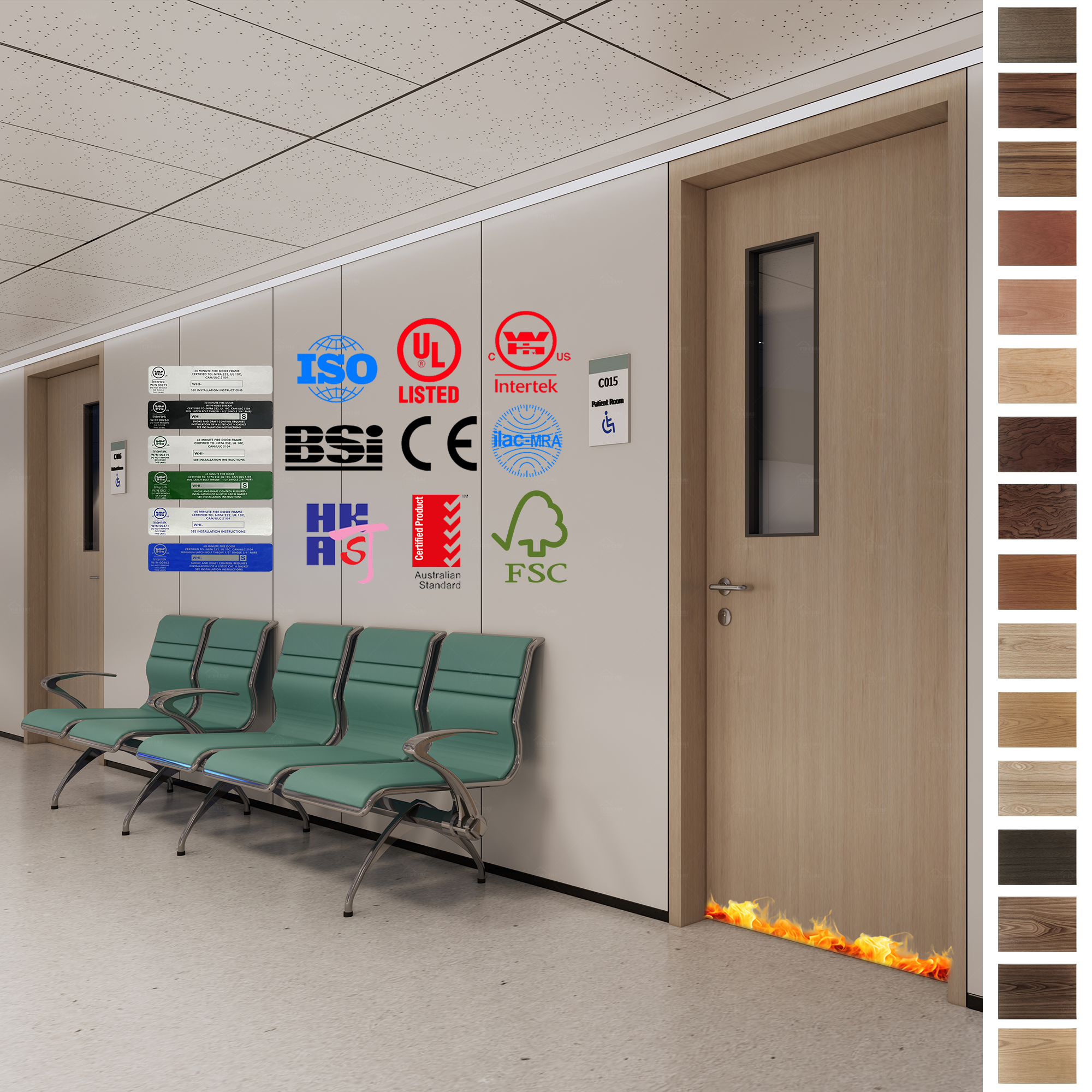 High-quality UL WH certified wood doors for healthcare facilities.