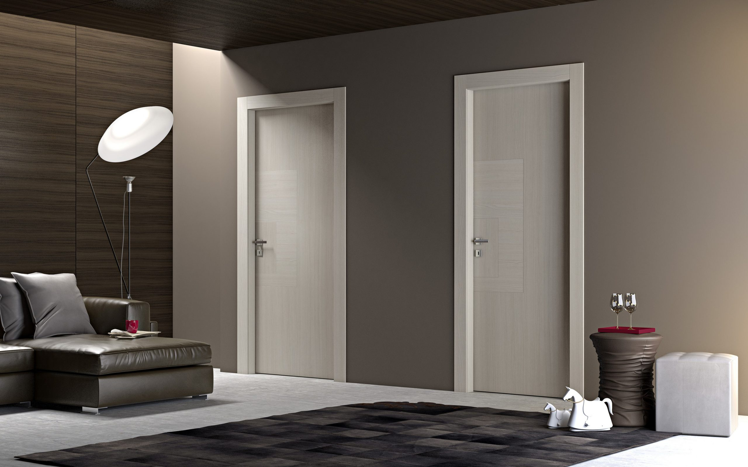 Timber door leading into a bright, airy living room.