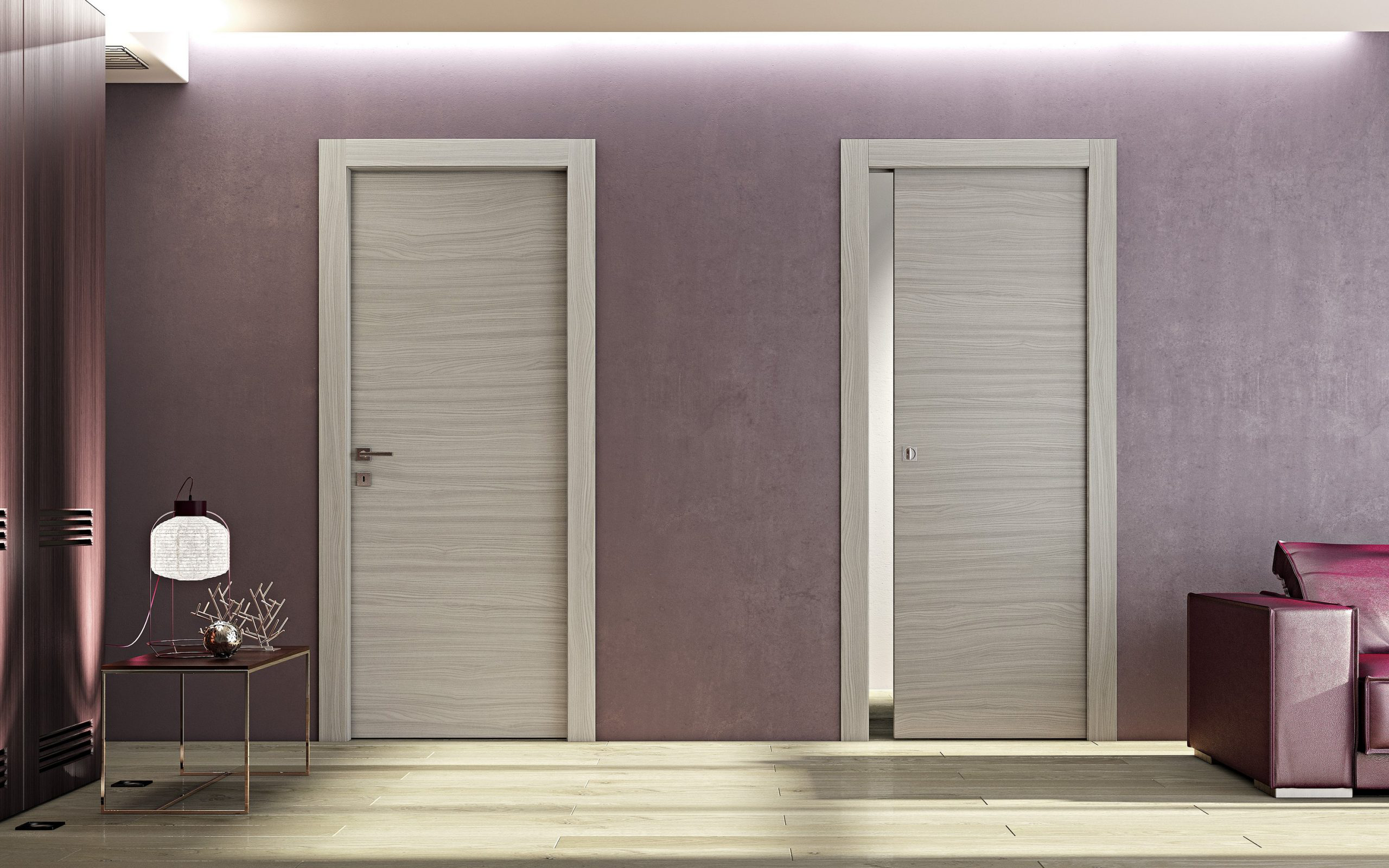 Timber door with custom woodwork detailing and brass handle.