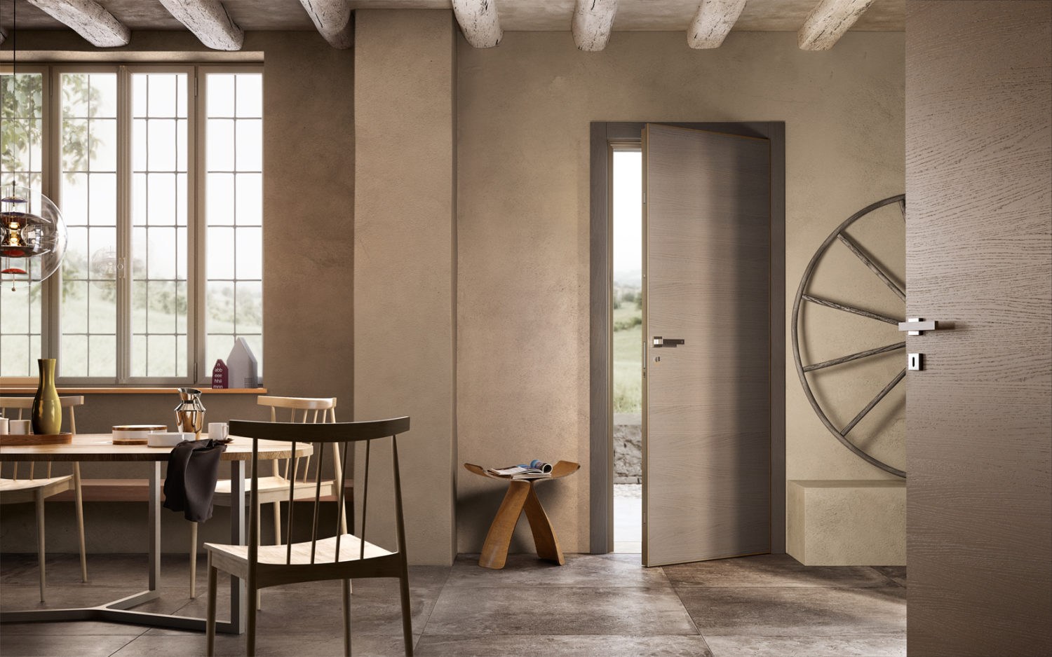 Crafted timber door complementing the wooden exterior of a house.