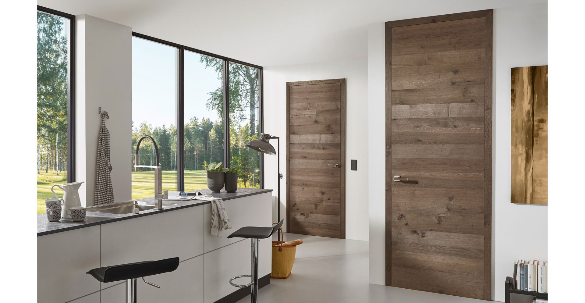 Timber door with frosted glass insert for privacy and style.