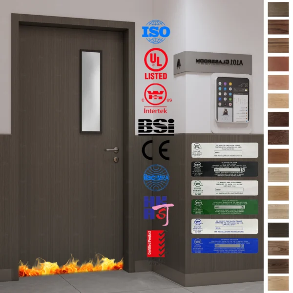 Premium wood Fire Rated Door with vision panel, UL-listed for Dominica & Jamaica school projects.