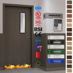 Premium wood Fire Rated Door with vision panel, UL-listed for Dominica & Jamaica school projects.