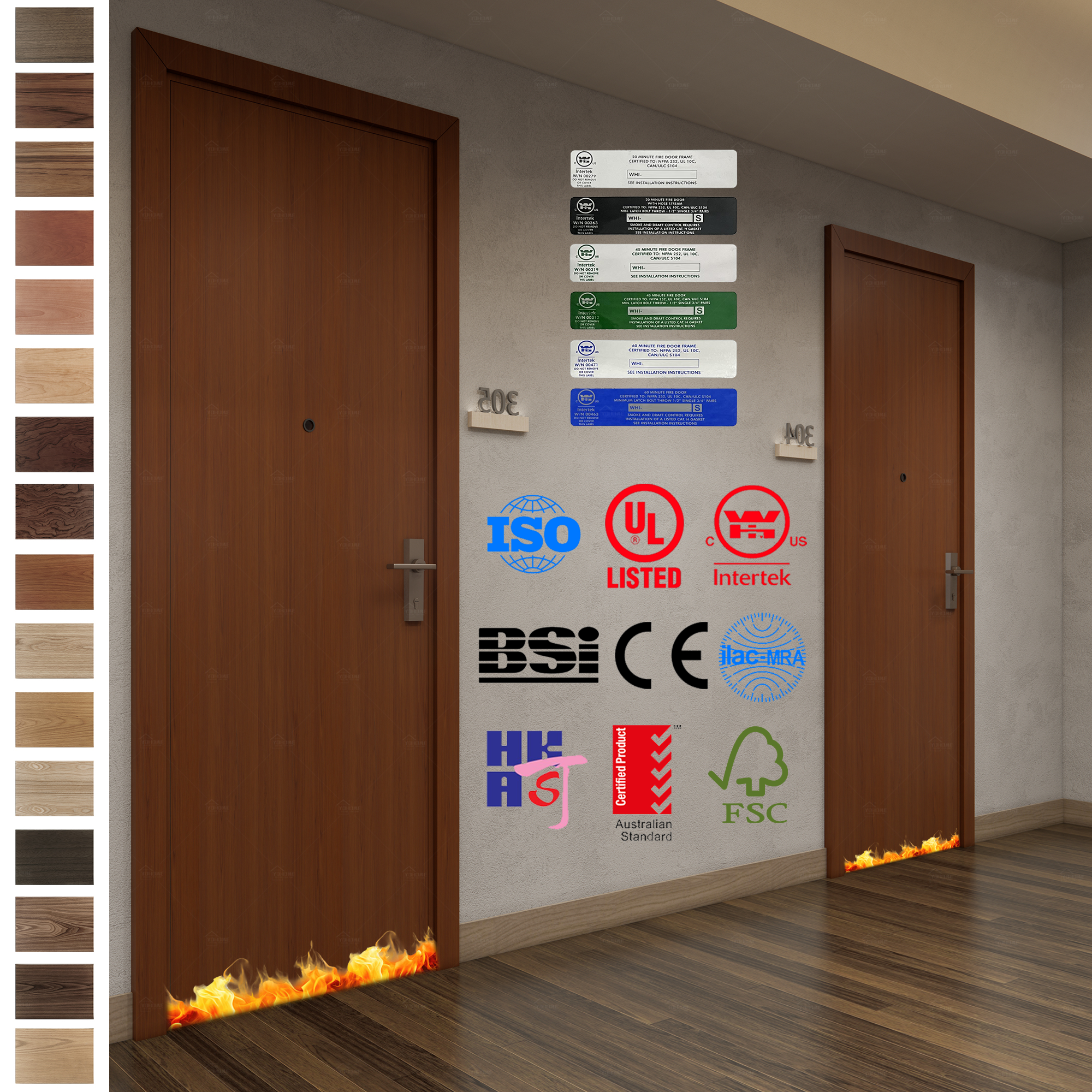 Enhance safety with BS EN listed, CE certified fireproof wood doors.