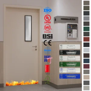 EU certified, factory-custom wood fireproof doors designed for UK school classrooms.