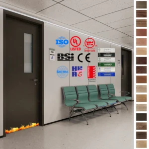 Fire Rated Doors made of walnut veneer for hospital patient rooms.
