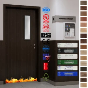 Premium fire-rated doors made from solid oak wood for school classrooms.