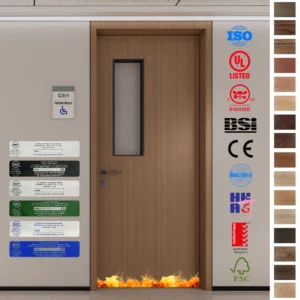 High-quality HPL wood doors with a viewing panel.