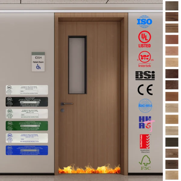 High-quality HPL wood doors with a viewing panel.