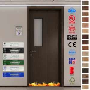 Durable, smokeproof, and fireproof MDF wood doors for hospital patient rooms.