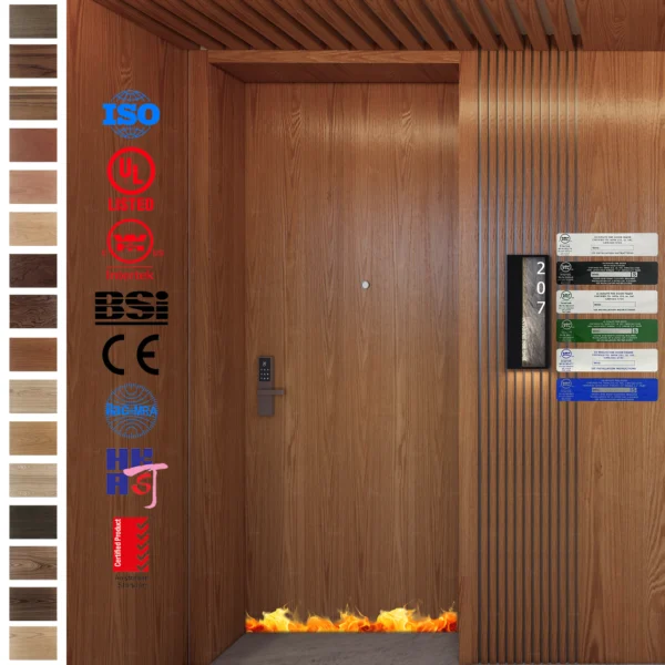 Get premium 30-90 Min fire certified solid wood doors with frames for hotel rooms.