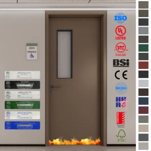 Fire Rated Door with UL WH certification, waterproof HPL surface, and oak finish.