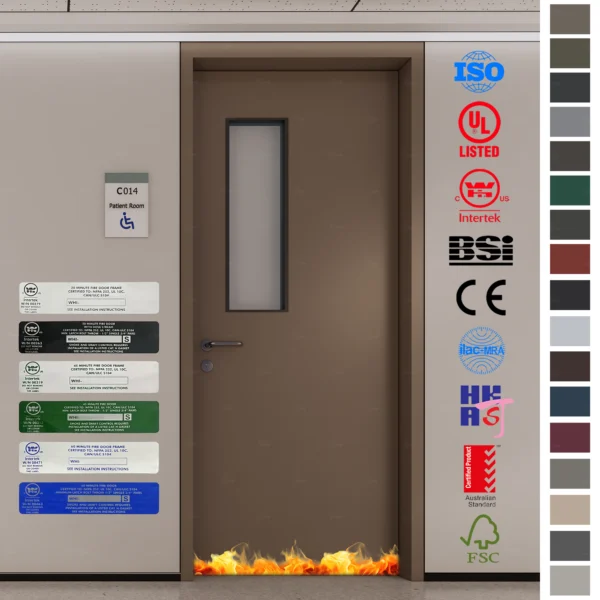 Fire Rated Door with UL WH certification, waterproof HPL surface, and oak finish.