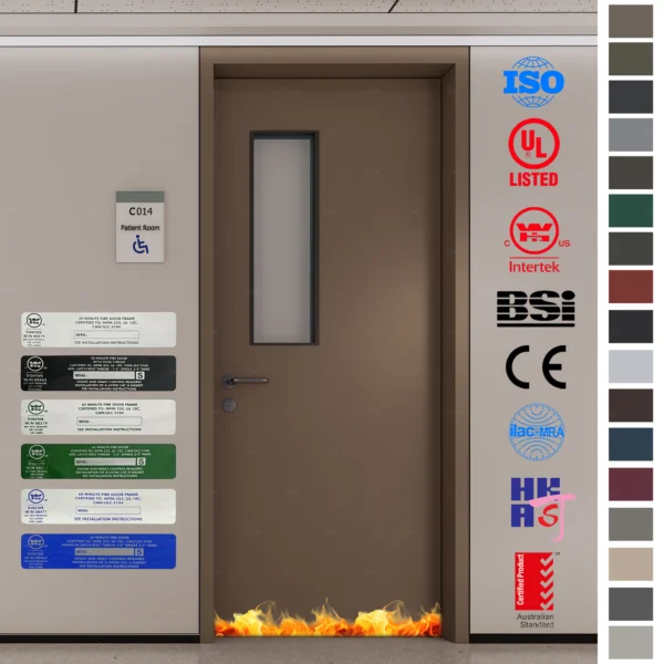 Fire Rated Door with UL WH certification, waterproof HPL surface, and oak finish.
