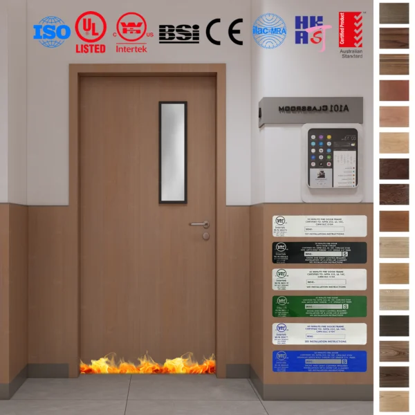 Premium wooden fire doors with 20, 45, 60-minute fire resistance.