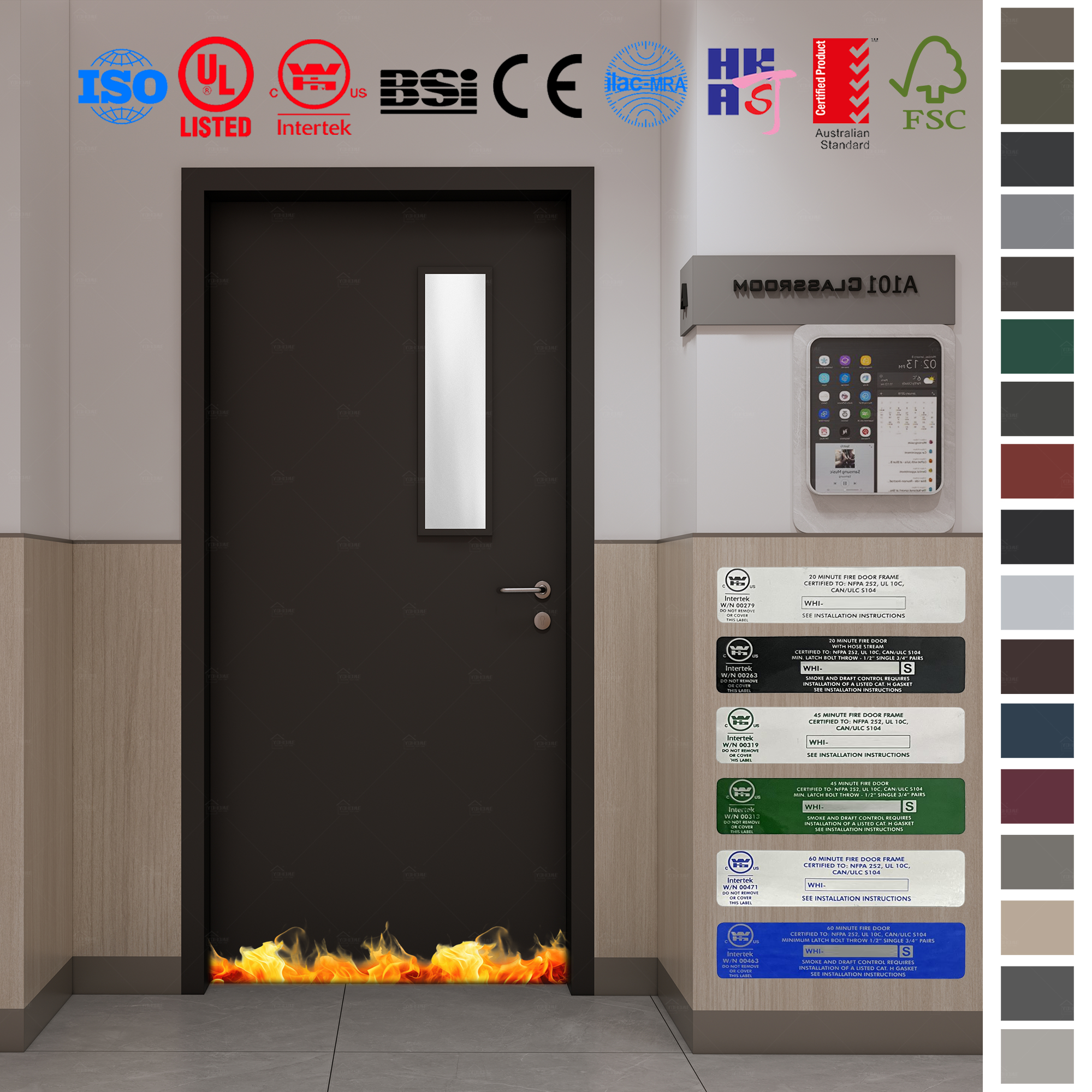 Fire Rated Door – Yohome's dark color HPL laminated wood doors for classrooms.