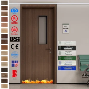 Durable Fire Rated Door with HPL surface and glass panel.
