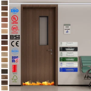 Durable Fire Rated Door with HPL surface and glass panel.