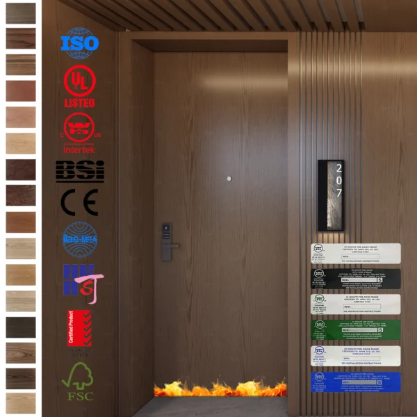 UL WH certified, 20/30/45-minute wood fire-rated doors for hotel rooms.