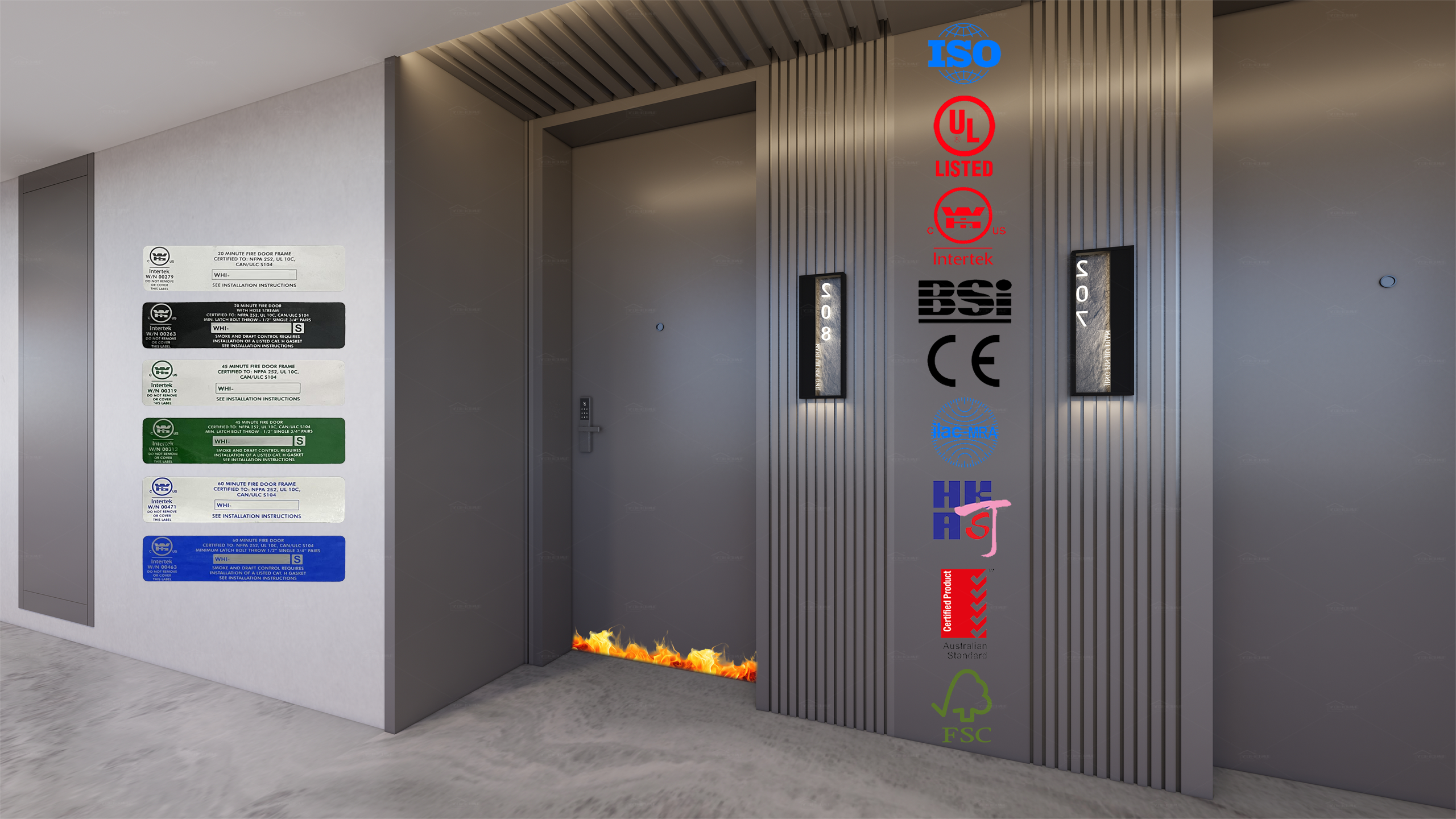 Modern wooden fire door with UL certification, ideal for apartment and residential buildings.