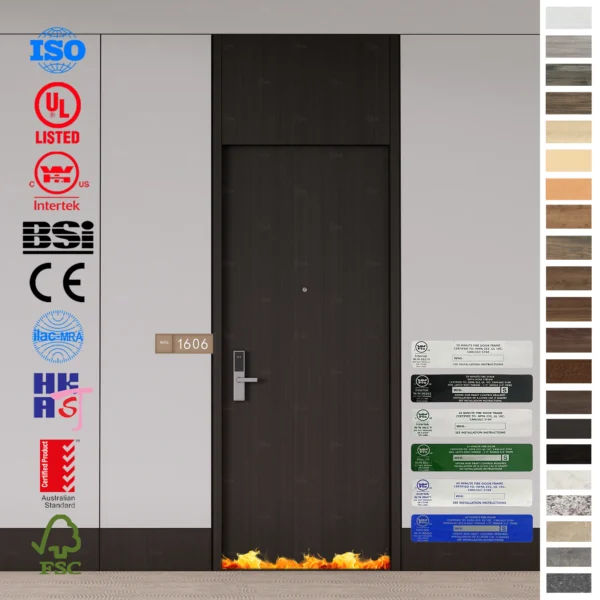 Fire Rated Door solutions for hotels, UL WH certified 20-60 min HPL wood doors.